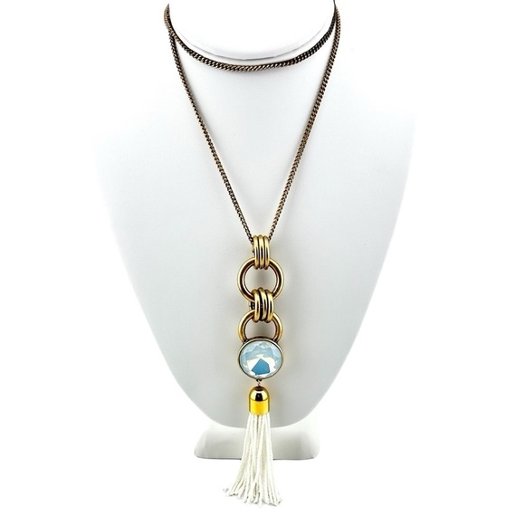 J. Crew Jewelry - J Crew Necklace, Long Gold Tone and White Tassel Pendant with Iridescent Stone